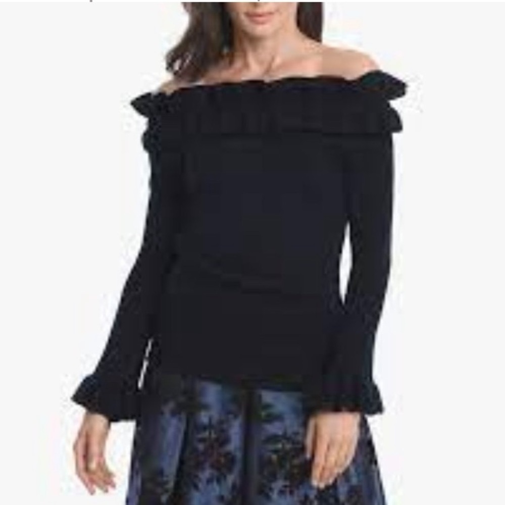 NWT White House Black Market Off the Shoulder Ruffle Navy blue Black sweater - Picture 10 of 12
